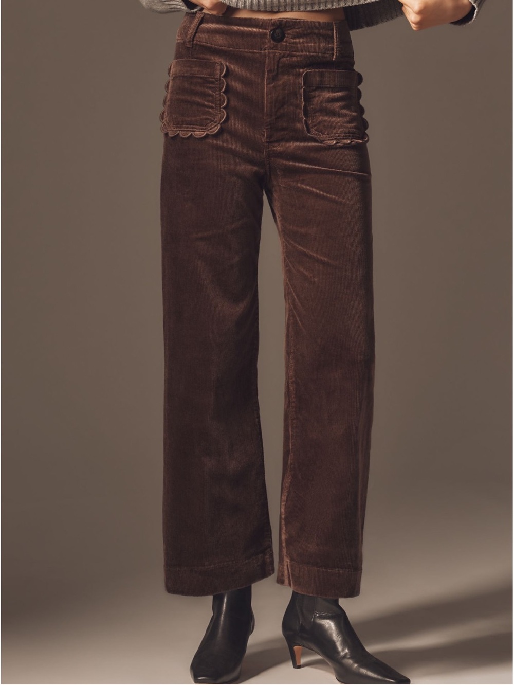 Anthropologie Colette Pants Maeve Cropped Wide Leg Corduroy Scallop New 27 Brown